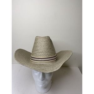 Vintage Mens Cowboy Straw Hat Size 21.25" Small 6.75 Canvas Striped Accent